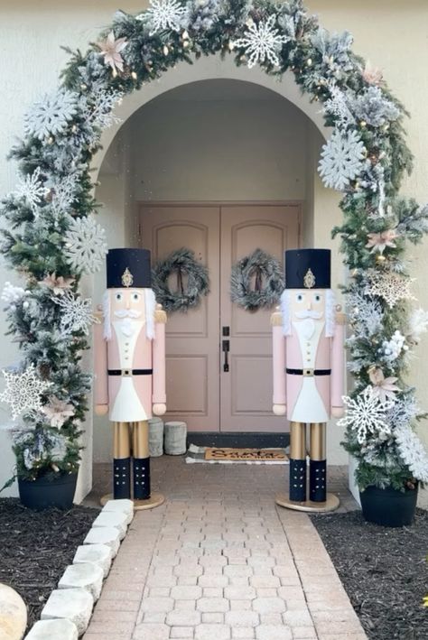 The Nutcracker Christmas Decorations, Diy Porch Nutcracker, Large Nutcracker Front Porch, Outdoor Nutcracker Christmas Decor, Front Porch Nutcracker, Nutcracker Decorations Ideas, Porch Nutcracker, Nutcracker Decorations, Diy Nutcracker