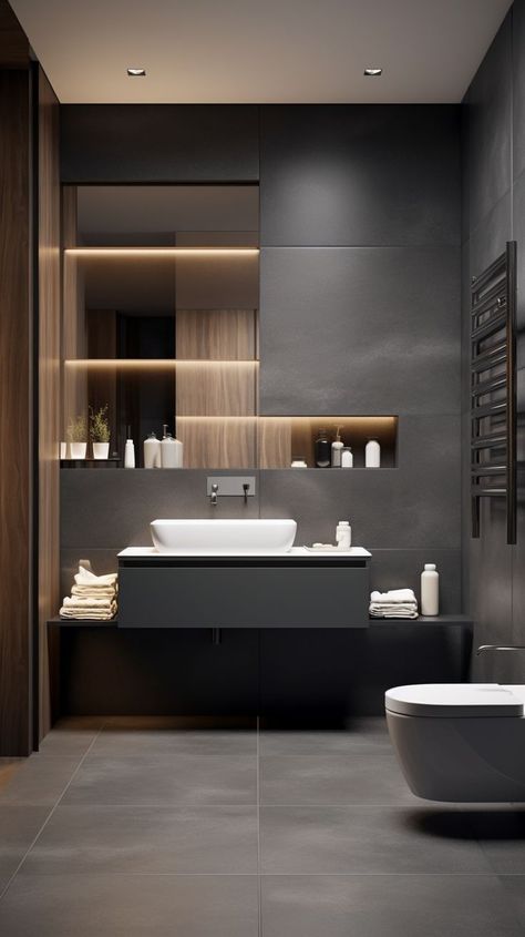 Dark Grey Bathroom Ideas, Dark Grey Bathroom, Masculine Bathroom Ideas, Grey Bathroom Ideas, Dark Gray Bathroom, Masculine Bathroom, Grey Bathroom, Grey Bathrooms, Places To Be