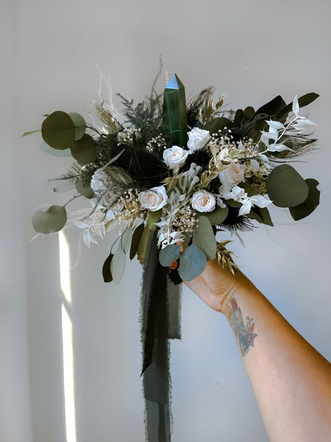 Imbolc Wedding, Bride Vows, Teal Bouquet, Dark Green Wedding, Dark Wedding Theme, Black Bouquet, Spring Elopement, Green Wedding Bouquet, Crystal Bouquet