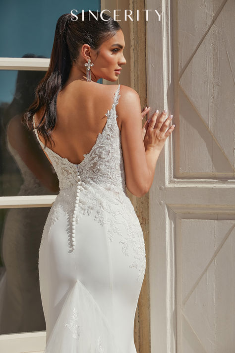 Crepe Fit and Flare Wedding Gown with Scoop Neckline and Beaded Straps Timless Classic Wedding Dress, Detailed Back Wedding Dress, Wedding Dress Back Detail, Sincerity Wedding Dress, Bride Wars, Sincerity Bridal, Wedding Dress Backs, Fit And Flare Gown, Timeless Wedding Dress