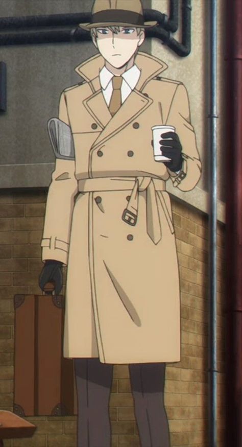 Twilight at the trainstop, receiving his orders for Operation Strix. A double-breasted khaki trenchcoat with matching fedora and tie, black gloves, and a brown briefcase give him the perfect air of a spy. Brown Briefcase, Khaki Trench Coat, Loid Forger, Anime Fashion, Comic Cartoon, Spy Family, Black Gloves, Spy X Family, Pose Reference