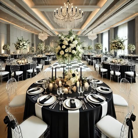 Gala Dinner Decoration Round Table, Wedding Venues Black Tie, White And Black Reception Decor, Black Tie Theme Party Decor, Black Drapes Wedding, Black And White Outside Wedding, Black And Silver Table Setting, Black Tie Party Decorations, Black And White Quince