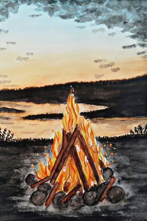 Bonfire Campfire painting watercolor Bonfire Painting Campfire painting easy Bonfire Painting tutorial Bonfire Painting for beginners Fire Pit Painting, Campfire Painting Easy, Camp Fire Paintings, Bonfire Sketch, Bonfire Watercolor, Camping Painting Easy, Campfire Watercolor, Bonfire Drawing, Painting Campfire