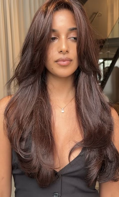 Brown Hair Colors For Latinas, Brown Hair Colors Chocolate Cherry, Rusty Hair Color Brown, Dark Mocha Hair Color, Work Friendly Hair Color, Brown Hair With Highlights Brown Skin, Brown Hair Color On Brown Skin, Dark Toffee Hair Color, Brunette On Brown Skin