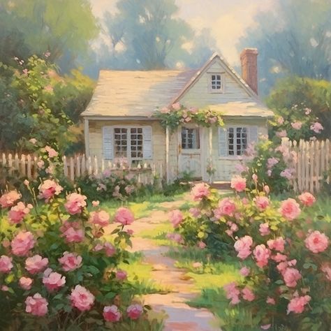 Vintage Cottage Illustration, Acrylic Cottage Painting, Pink Forest Painting, Cozy House Drawing, Cottage Core Painting Ideas, Bahar Core, Cottage Art Painting, Cottage Core Illustration, Cottage Core Painting