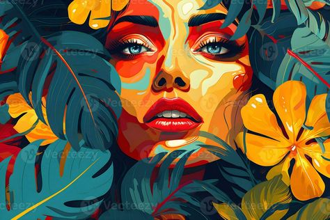 abstract background woman face pop art style flowers patterns illustrations background, AI generate Colorful Abstract Art Backgrounds, Abstract Face Illustration, Pop Art Mural, Flower Pop Art, Pop Art Faces, Pop Art Flowers, Vector Art Portrait, Pop Art Face, Portraits Abstract