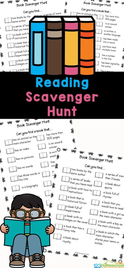 Kids will enjoy searching for different books and information in books with this fun and free Reading Scavenger Hunt. This free printable scavenger hunt is fun for kindergarten, first grade, 2nd grade, 3rd grade, 4th grade, and 5th grade students. Using thie literacy scavenger hunt is a great way for kids to become familiar with the library and how to find different resources. Simply print library printable pdf file with the scavenger hunt pdf in color or black and white and you are ready for th Reading Week Activities, Open House Themes, 3rd Grade Chapter Books, Fun Library Activities, Reading Scavenger Hunt, Library Activities For Kids, Library Displays Ideas, Free Printable Scavenger Hunt, Library Scavenger Hunt