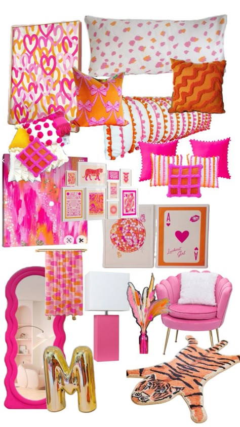 Pink And Orange Desk Decor, Dorm Orange And Pink, Cute Colorful Room Ideas, Hot Pink And Orange Aesthetic Room, Pink And Orange Office Decor, Hot Pink And Gold Room, Clemson Dorm Decor, Pink And Orange Room Ideas, Peach Fuzz Bedroom