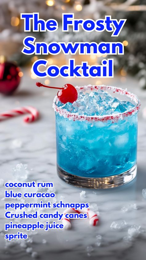 Get into the holiday spirit with The Frosty Snowman, a winter-themed cocktail that’s as festive as it is delicious. With a tropical blend of coconut rum, blue curaçao, and peppermint schnapps, this drink is topped with bubbly Sprite and rimmed with crushed candy canes for a delightful, minty twist.
#thefrostysnowmancocktail #peppermintcocktails via @mybartender Winter Themed Cocktails, Peppermint Cocktails, Snowman Cocktail, Winter Drinks Alcoholic, Christmas Themed Drinks, Christmas Themed Cocktails, Peppermint Cocktail, Xmas Cocktails, Peppermint Schnapps