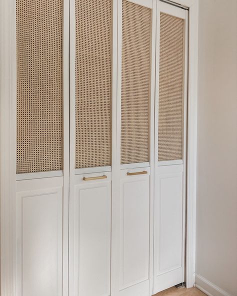 Rattan cane webbing white bedroom bi-fold closet doors minimalist boho Scandinavian scandi style Custom Closet Doors, Ideas De Closets, Diy Closet Doors, Bedroom Closet Doors, Closet Door Makeover, Bifold Closet Doors, White Closet, Tiny Closet, Closet Door