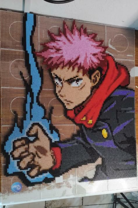 Anime Fuse Beads Patterns, Hama Beads Patterns Anime, Anime Melty Beads, Giant Perler Bead Patterns, Saiki K Perler Beads, Anime Fuse Beads, Jujutsu Kaisen Alpha Pattern, Perler Bead Anime Patterns, Gojo Perler Beads