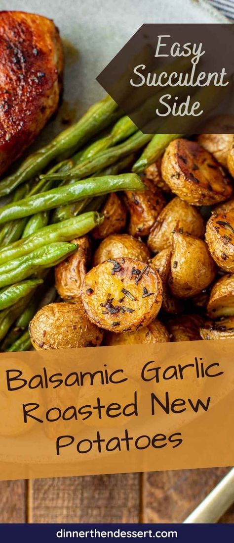 Balsamic Garlic Roasted New Potatoes are the perfect savory side with baby potatoes roasted in balsamic vinegar, rosemary, and garlic. Balsamic Roasted Potatoes, Recipes With Balsamic Vinegar, Baby Potatoes Roasted, Balsamic Potatoes, Toasted Potatoes, Turkey Sides, Roasted New Potatoes, Paleo Roast, Balsamic Vinegar Recipes