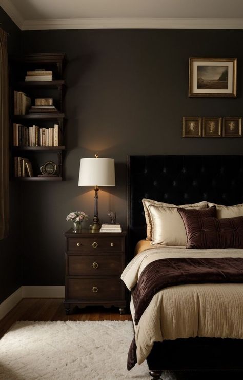 Cozy Dark Academia, Dark Academia Bedroom, Academia Bedroom, Dark Wood Bedroom, Moody Bedroom, Dark Bedroom, Casa Country, Brown Bedroom, Vintage Bedroom