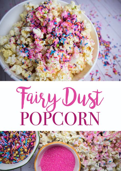 Fairy Dust Popcorn - Perfect Treat for a Girl's Birthday Party or for a Movie Night - Clumsy Crafter Easy Popcorn, 4de Verjaardag, Enchanted Forest Birthday, Fairy Tea Party, Popcorn Treat, Fairy Garden Birthday, Girls Birthday Parties, Fairy Garden Birthday Party, Popcorn Treats