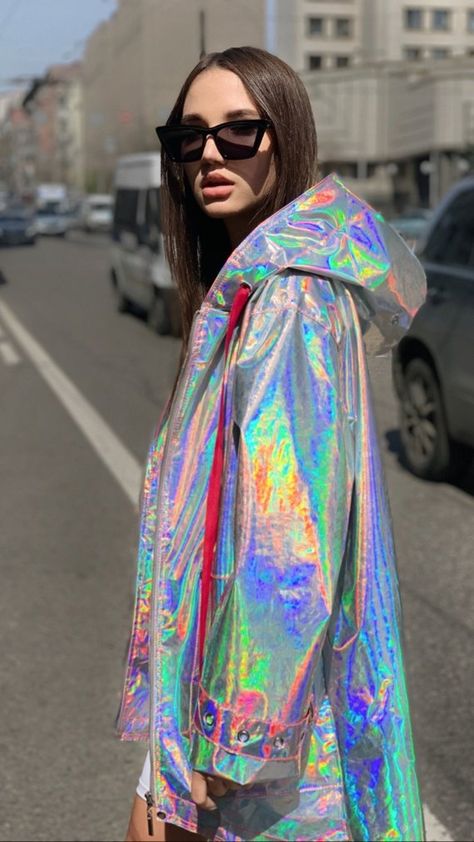 Festival holographic raincoat / Futuristic UNISEX vinyl jacket / Rainbow glitter trench coat Holographic Raincoat, Holographic Jacket, Holographic Fashion, Dali Art, Holographic Iridescent, Cyberpunk Fashion, High Fashion Outfits, Festival Looks, Biker Jacket