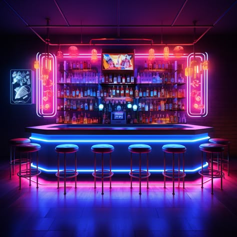 Premium Bar Design, Barcade Ideas, Outdoor Coffeeshop, Bar Front Ideas, Neon Lights Bar, Lounge Bar Club, Sport Bar Design, Pub Interior Design, Billiards Bar