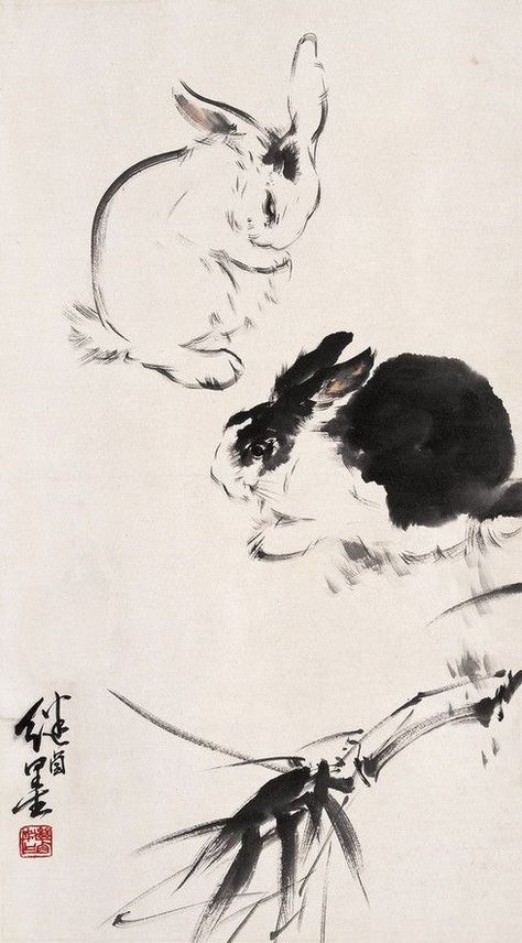 Mdzs Novel, Bunnies Art, Zen Painting, Sumi E Painting, Ink Wash Painting, Rabbit Painting, Chinese Art Painting, Japanese Art Prints, Chinese Brush Painting