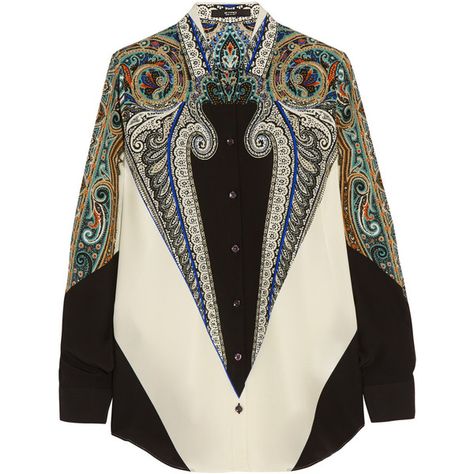 Etro Printed silk shirt (£445) ❤ liked on Polyvore featuring tops, majice, shirts, silk paisley shirt, flare shirts, paisley print shirt, drape top and silk top Textile Pattern Design Fashion, Pattern Design Fashion, Textiles Print, Flare Shirt, Paisley Print Shirt, Color Block Shirts, Printed Silk Shirt, Paisley Shirt, Brown Silk