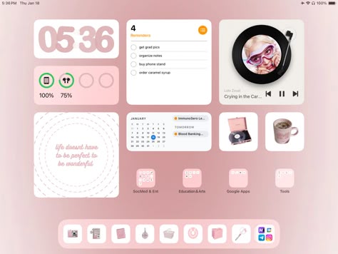 pink aesthetic ipad homescreen ios 17 ipad 9th gen vinyl md organize layout home screen cute pretty girly apple customized icons widgets Widgets For Ipad Aesthetic, Pink Ipad Layout Ideas, Ipad Screen Inspiration, Ipad Widget Inspo Aesthetic, Cute Ipad Widgets Aesthetic, Widgets Aesthetic Ideas Ipad, Pink Aesthetic Ipad Homescreen, Ipad 10.9 Wallpaper, Pink Ipad Layout Homescreen