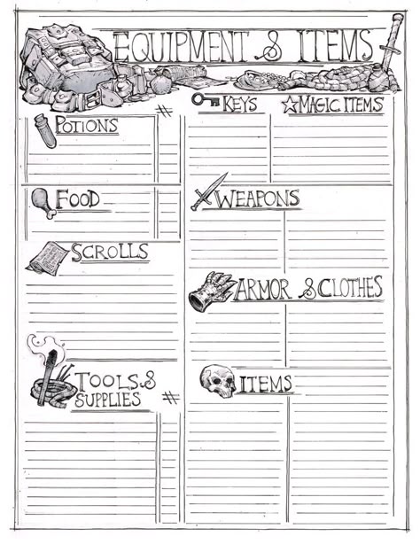 Max Dunbar on X: "Spent way too long today doodling away on this items sheet for my D&D stuff. It's pretty janky, but feel free to use it if you think it would be handy! #dnd https://t.co/j69Ny49l0R" / X Dnd Equipment Sheet, Dnd Sheet Template, Dnd Session Notes Template, Dnd Journal Pages, Dnd Character Journal Ideas, Dnd Character Sheet Printable Free, Dnd Printables Free, Artificer Character Sheet, Rogue Character Sheet