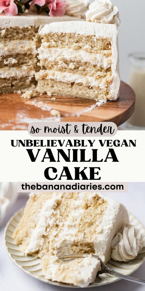 Indulge in this simple yet irresistibly buttery vegan vanilla cake, boasting a tender, moist texture and a rich sweetness that defies its vegan, dairy-free, and gluten-free nature. Surprisingly healthier, this cake wins over everyone, regardless of dietary preferences. With just nine ingredients, it's the ideal choice for celebrating birthdays, graduations, weddings, or any holiday occasion. Vegan Vanilla Birthday Cake, Gluten Free Vegan White Cake, Vegan Vanilla Wedding Cake, Moist Vegan Vanilla Cake, Dairy Free White Cake Recipe, Vegan Cake Vanilla, Vanilla Cake Recipe Vegan, Easy Vegan Vanilla Cake, Super Moist Gluten Free Vanilla Cake