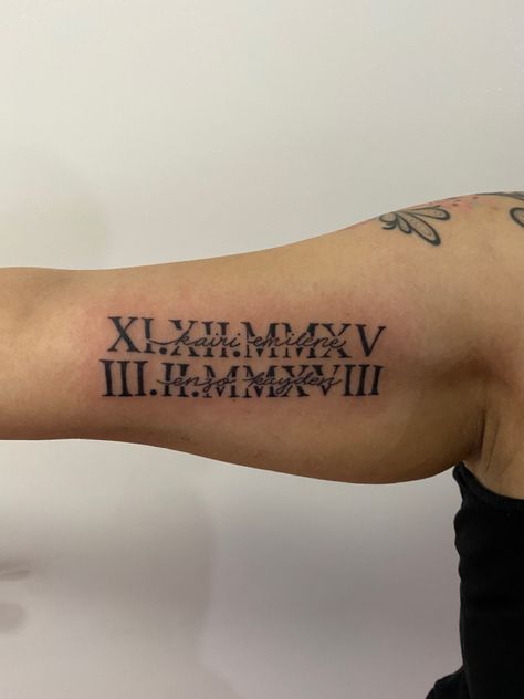 Parents Name Tattoos Ideas, Name Tattoos Ideas, Numeral Tattoo Ideas, Roman Numeral Tattoo Ideas, Family Name Tattoos, Birthdate Tattoo, Name Tattoos For Moms, Roman Numeral Tattoo, Numeral Tattoo