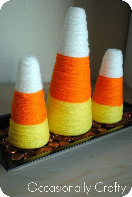 Yarn-Wrapped Candy Corn Decoration | Occasionally Crafty: Yarn-Wrapped Candy Corn Decoration Corn Decorations, Witch Halloween Party, Halloween Diy Ideas, Easy Holiday Crafts, Elegant Fall Decor, Paper Mache Cone, Halloween At Home, October Classroom, Candy Corn Decorations