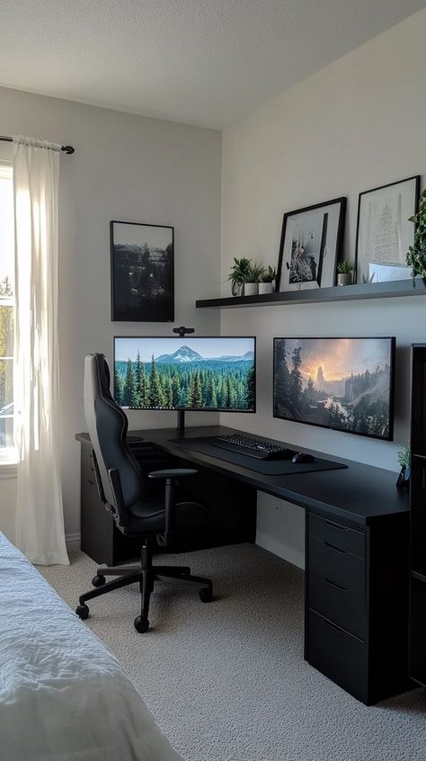 The Ultimate Gaming Room Ideas for Boys: A Visual Journey of Unique Setups - Remodr Game Boy Bedroom, Gaming Desk Bedroom, Modern Gaming Office, Gaming Set Up Aesthetic Black, Classy Video Game Room, Minimalist Room Setup, Study Gaming Room, Gaming Room Setup Men, Gaming Set Up In Living Room