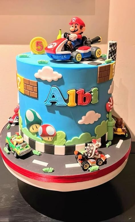 Blue Mario Kart Cake with track Mario Birthday Cake 5, Super Mario Race Track Cake, Birthday Cake Mario Bros, Mario Kart Birthday Party Cake, Mario Kart Theme Party, Mario Cart Cakes, Mario Kart Cake Ideas, Mario Cart Cakes Birthday, Super Mario Kart Cake