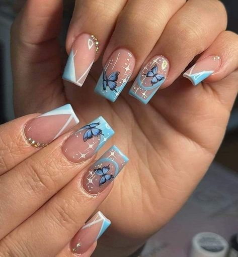 Short Nails With Butterfly Design, Short Square Butterfly Nails, Pink And Blue Butterfly Nails, Blue And Purple Butterfly Nails, Disney Acrylic Nails, Butterfly Nail Designs, Purple Acrylic Nails, Fancy Nails Designs, Colored Acrylic Nails