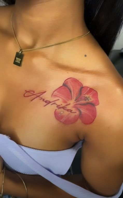 Medium Neck Tattoos For Women, Hibiscus Flower Tattoos Black Women, Tattoo Ideas Female Chest For Women, Hibiscus Hand Tattoo, Chest Henna Tattoo, Baddie Tats Hip, Name Chest Tattoo Female, Collar Bone Tattoo Cover Up, Red Ink On Dark Skin