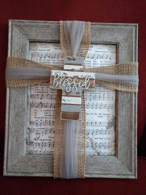 DIY Craft Junkies Cross Frames Diy Wall Art, Cross Picture Frame, Burlap Cross On Frame, Wall Of Crosses Ideas, Christian Crafts To Sell, Picture Frame Cross, Christian Diy, Hymnal Crafts, Patriotic Wall Hanging