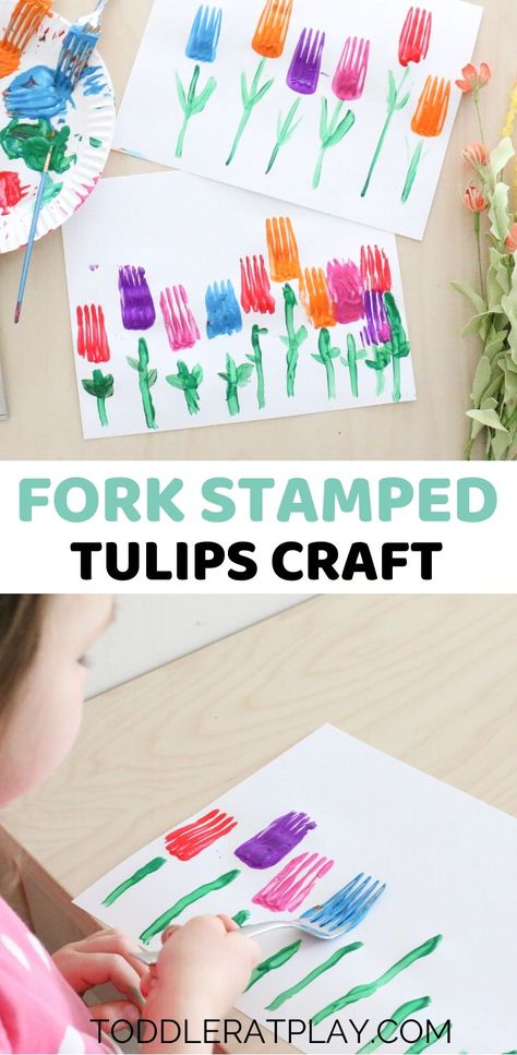 This Fork Stamped Tulips Craft is a fun and unique Spring craft perfect for toddlers and preschoolers!  #forkpainting #tulipcraft #springcrafts #craftsforkids Tk Arts And Crafts, Preschool Gardening, Silly Crafts, Garden Installation, Spring Arts And Crafts, Babysitting Crafts, Garden Unit, Storytime Crafts, Life Activities