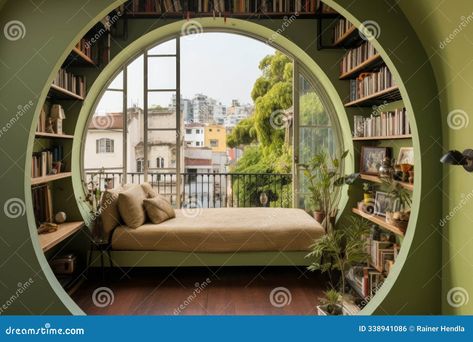 A round window with a view of the city and a cozy reading nook. The window is framed by a green wall and a daybed with pillows and a throw blanket. Bookshelves and a plant complete the AI generated Window View City, Daybed With Pillows, Skyline Apartment, Corner Loft, Apartment Lifestyle, Plant Building, Window With A View, Round Window, Reading Nooks