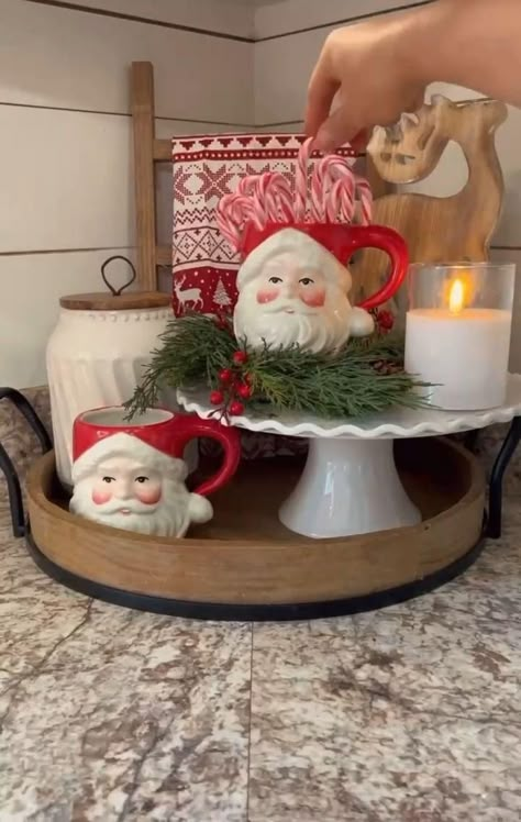 Chrismass Decore Ideas Kitchen, Farmhouse Kitchen Christmas Tree, Christmas Kitchen Ideas Farmhouse, Two Tier Christmas Tray, Christmas Small Kitchen Decor, Christmas Decorative Tray, Christmas Nook Decor, Dresser Christmas Decorations, Candy Cane Christmas Kitchen