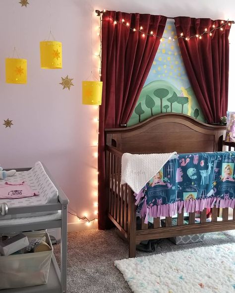 Princess Themed Nursery Disney, Disney Baby Rooms Girl, Nursery Idea Themes, Tangled Inspired Home Decor, Disney Princess Nursery Decor, Disney Inspired Kids Rooms, Epcot Themed Nursery, Brave Nursery Theme Disney, Character Themed Nursery