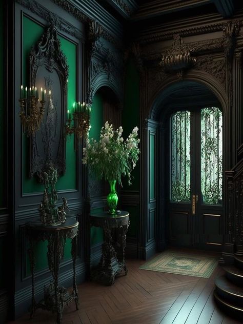 Slytherin Room, Gothic Interior, Fantasy Rooms, Wooden Bed Design, Dark Home Decor, Bed Design Modern, Slytherin House, Goth Home, Casa Vintage