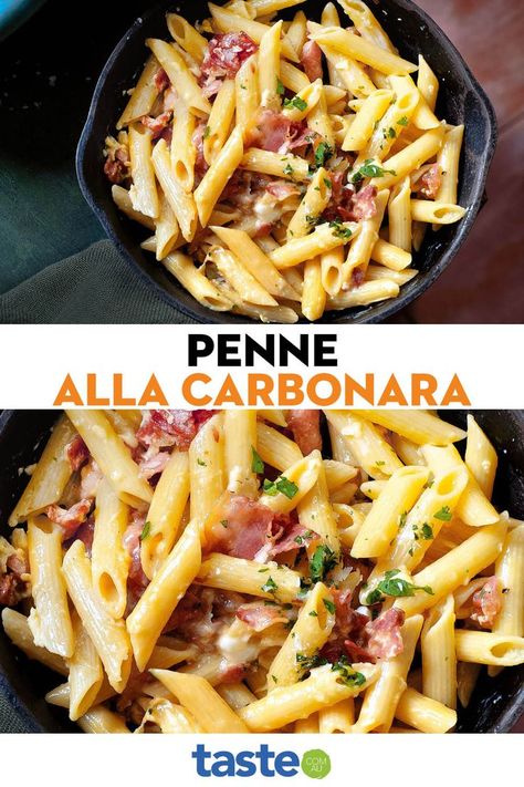 Penne Pasta Recipes, Fresh Olives, Creamy Eggs, Penne Pasta, Pasta Recipes, Bacon, Gluten Free, Pasta