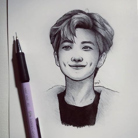 Dimples Drawing, Namjoon Sketch, Fanart Kpop, Pen Sketch, Fanart Bts, Rm Bts, Bts Drawings, Drawing Stuff, Kpop Fanart