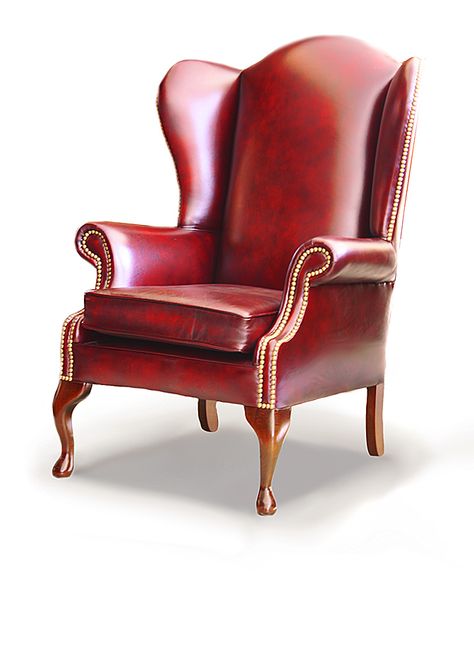 The Churchill Wing Chair handmade in Hand Antiqued Wine leather and Queen Anne legs. With plain back (button back is also available). Solid hardwood frame traditionally handmade with sprung back and seat. All filling materials meet British standards for fire retardant requirements, finished in Hand Antiqued leather that is 100% Top Grain Leather and carries a Lifetime Guarantee. Hand crafted in England by time served craftsman. Measuring (LxDxH): 76x80x105cm. Wimbledon House, Leather Wingback Chair, House Scotland, Wing Chairs, Leather Wingback, Furniture Details Design, Wing Chair, Fire Retardant, Furniture Details