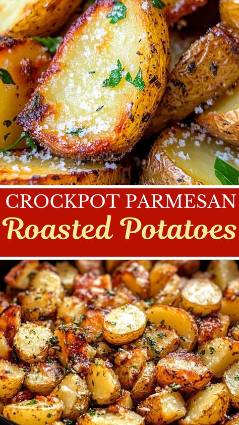 Slow Cooker & Crockpot Recipes: Crockpot Parmesan Roasted Potatoes (Christmas Recipe & Thanksgiving Recipe) Thanksgiving Potatoes Crock Pot, Potatoes Thanksgiving Recipes, Crock Pot Garlic Potatoes, Slow Cooker Parmesan Potatoes, Best Thanksgiving Potatoes, Thanksgiving Sides Potatoes, Crockpot Garlic Potatoes, Crock Pot Meals With Potatoes, Potato Side Dish Crockpot