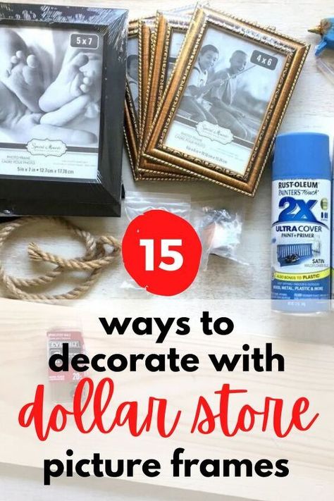 Decorate on a budget with these easy and cheap dollar store picture frame makeovers. Quick and cheap home decor ideas for your living room, kitchen, bedroom and bathroom. How to decorate on a dime with dollar tree picture frames. Decorate With Frames, Diy Wall Decor For Hallway, Picture Frame Planter Ideas, Picture Frames Decoration Ideas, Decorating Picture Frames For Christmas, Dollar Store Frames Makeover, Diy Picture Frame Collage Ideas, Decorating Frames Ideas, Dollar Tree Picture Frame Centerpieces