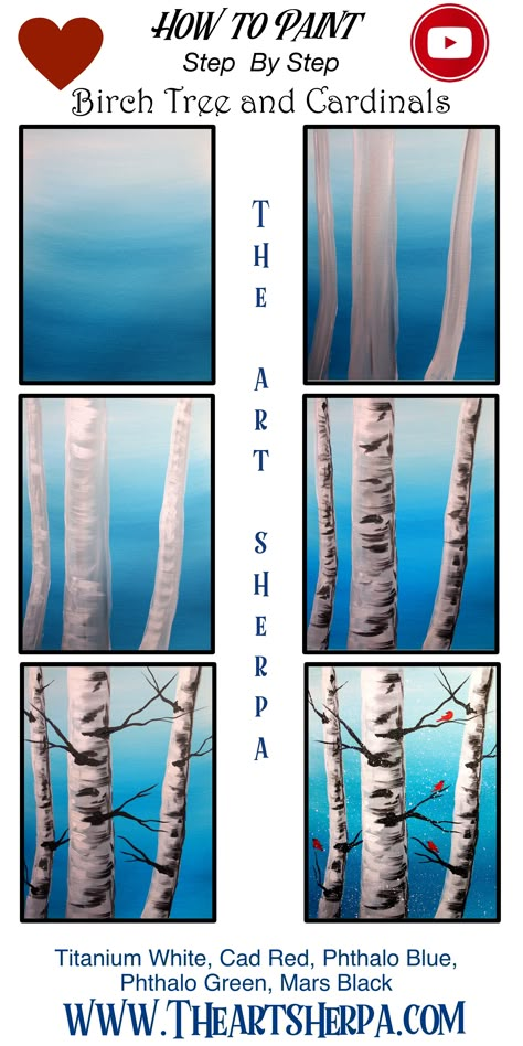 Paint Birch Trees, Winter Birch Trees, Paint Night Ideas, The Art Sherpa, Winter Birds, Canvas Diy, Paint Nite, Canvas Painting Tutorials, Acrylic Painting For Beginners