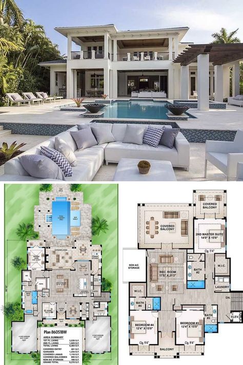 The luxurious house features a stylish outdoor living space set on the side of the swimming pool area. Find it in this 2 story southern Florida house plan with 4 bedrooms and 4.5+ bathrooms. See more of the modern and classy interior design of this tropical style home. View the full floor plan and get the blueprint at: https://www.architecturaldesigns.com/house-plans/spacious-tropical-house-plan-86051bw?cjevent=e24557a7830a11ea827804350a180511  #blueprint #floorplan #2story Florida House Plans, Private Resort, Modern House Floor Plans, Pool House Plans, House Plans Mansion, Mansion Floor Plan, Modern Style House Plans, Model House Plan, House Layout Plans