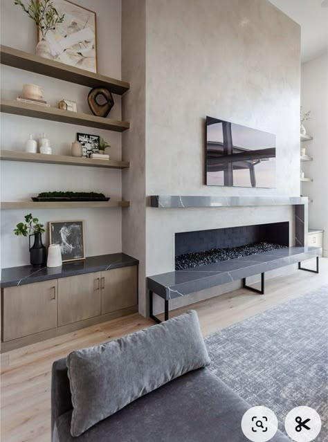 Faux Modern Fireplace, Plaster Fireplace Surround Modern, Texture Fireplace Wall, Plaster Fireplace With Bookshelves, Plastered Tv Wall, Scandinavian Living Room Mantle, Modern Fireplace No Mantle, Plaster Living Room Wall, Concrete Plaster Fireplace