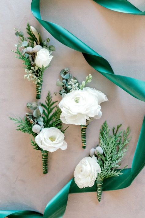 Emerald Green Wedding Bouquet Bridesmaid, Emerald Green Corsage And Boutonniere, Emerald Green Boutonniere, Happy Rainy Wednesday, Emerald Green Wedding Flowers, Winter Green Wedding, Green Wedding Arch, Rainy Wednesday, Green Boutonniere