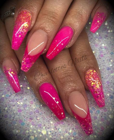 Neon Pink Glitter Nails, Bright Pink And Gold Nails, Hot Pink Nails With Design Glitter, Neon Pink Nails With Glitter, Bright Pink Nails With Glitter, Hot Pink And Gold Nails, Bright Pink Acrylic Nails, Glittery Pink Nails, Pink Ombre Nails Glitter