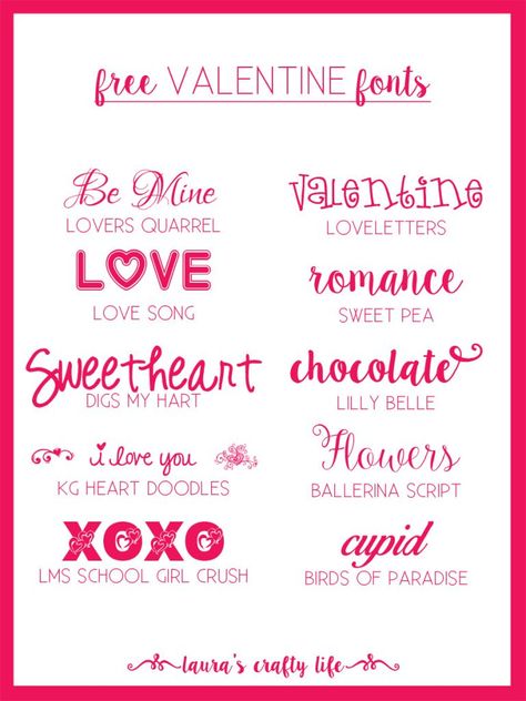 Valentine Fonts. My list of favorite free Valentine fonts. Ten different fonts that are perfect for all your Valentine projects. #laurascraftylife #fonts #valentinesday Dafont Fonts, Valentine Font, Romantic Fonts, Heart Font, Desain Buklet, Trendy Fonts, Pretty Fonts, Font Combos, Word Fonts