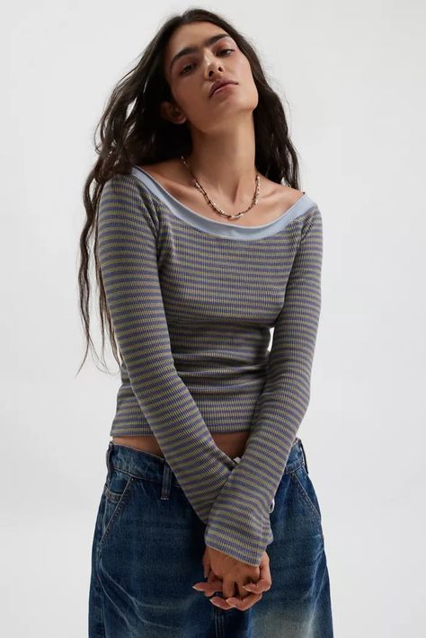 Women's Tops, Blouses, T-shirts + More | Urban Outfitters Time Clothes, Cute Comfy Outfits, Knit Tees, Christmas Wishlist, Grey Blue, Shirt Pattern, Waffle Knit, Casual Fits, Long Sleeve Tee