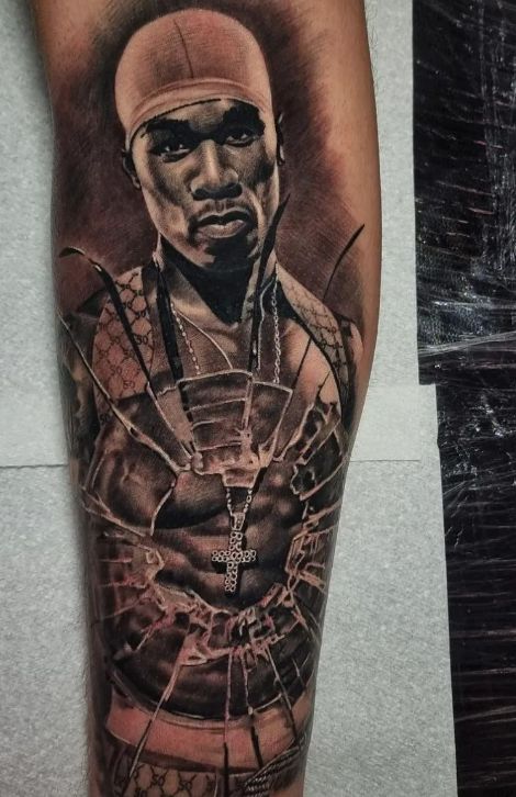 50 Cent Tattoo Ideas, 50cent Tattoo, Gangsta Leg Sleeve, Nas Tattoo, 50 Cent Tattoo, Back Tattoo Quotes, Eminem Tattoo, 50 Cent And Eminem, Flower Neck Tattoo